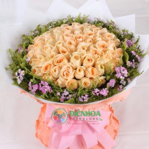 99 bông hồng kem vàng bó tròn