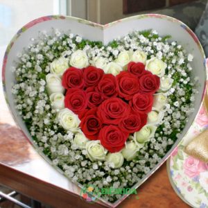 Hộp hoa trái tim hồng đỏ và hồng trắng